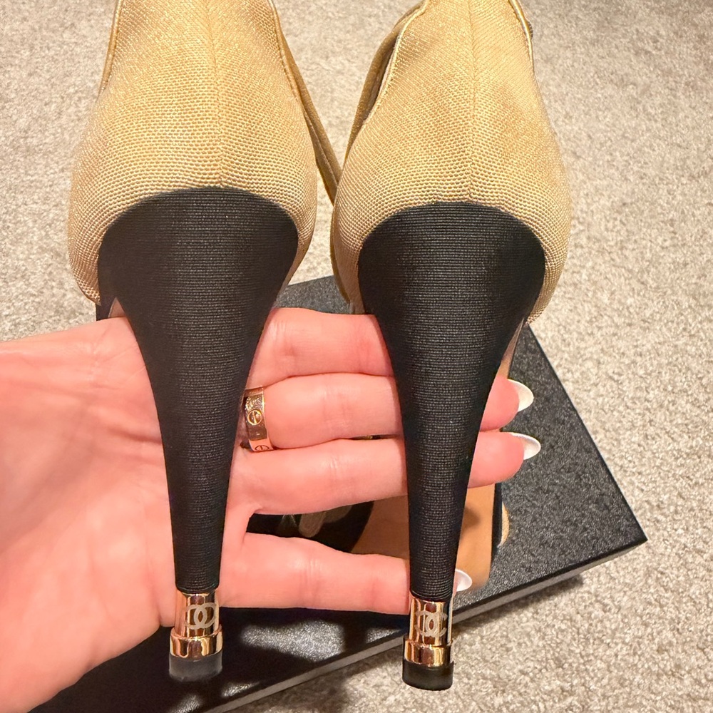 Chanel Gold and Black Ankle-Strap  Heel Sandals - Picture 2 of 5